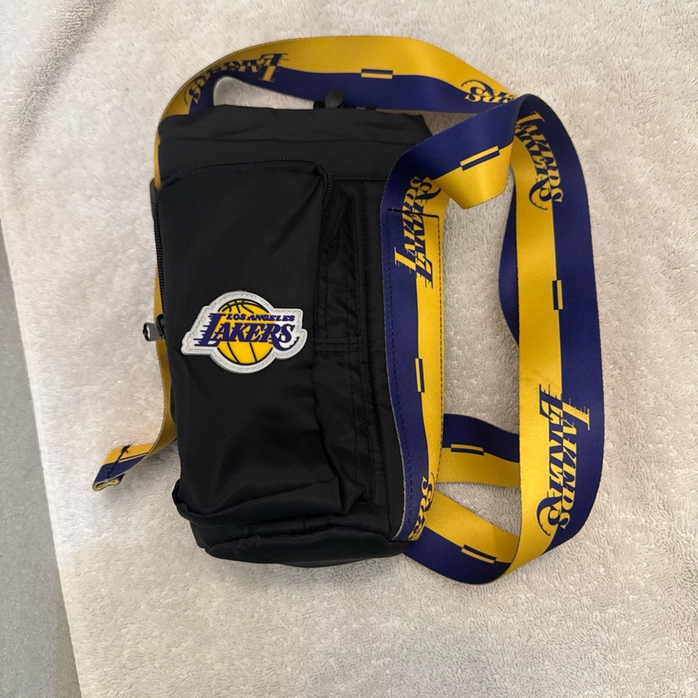 Black Los Angeles Lakers Crossbody Sling Bag with Purple & Gold Strap